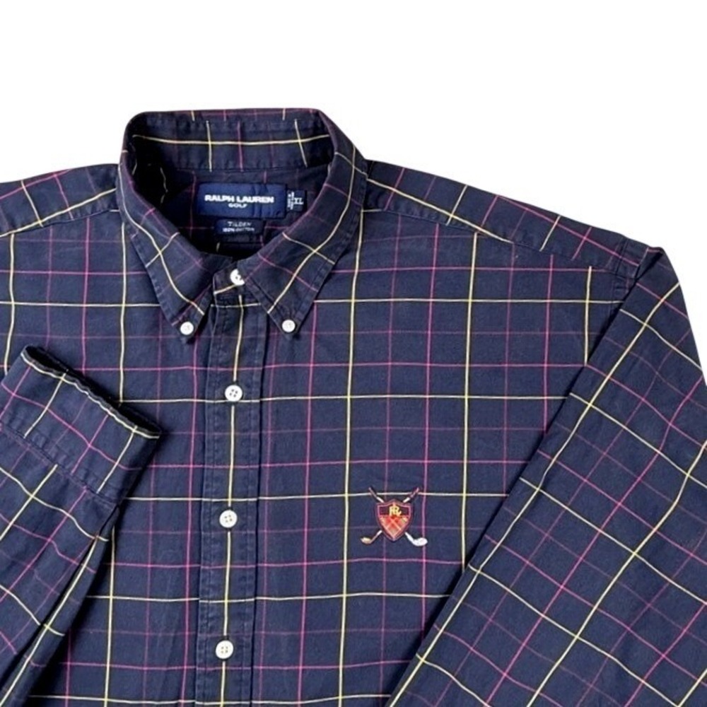Ralph Lauren Golf Tilden Shirt Navy Pink Yellow Plaid Button Down Crest Mens XL